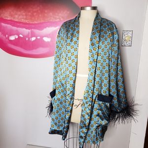 Zara satin blazer with feather sleeve trim